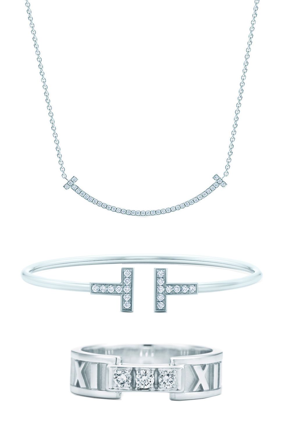 <p>Tiffany & Co. Smile Pendant Necklace, $1,900; <a href="http://www.tiffany.com/jewelry/necklaces-pendants/tiffany-t-smile-pendant-34684448?fromGrid=1&search_params=p+1-n+10000-c+3240509-s+5-r+-t+-ni+1-x+-lr+-hr+-ri+-mi+-pp+1609+6&search=0&origin=browse&searchkeyword=&trackpdp=bg&fromcid=3240509">tiffany.com</a></p><p>Tiffany & Co. Wire Bracelet, $3,200; <a href="http://www.tiffany.com/jewelry/bracelets/tiffany-t-wire-bracelet-GRP07783?fromGrid=1&search_params=p+1-n+10000-c+3240509-s+5-r+-t+-ni+1-x+-lr+-hr+-ri+-mi+-pp+1709+6&search=0&origin=browse&searchkeyword=&trackpdp=bg&fromcid=3240509">tiffany.com</a></p><p>Tiffany & Co. Atlas® Open Ring, $2,100; <a href="http://www.tiffany.com/jewelry/rings/atlas-open-ring-GRP02996?fromGrid=1&search_params=p+1-n+10000-c+288192-s+5-r+-t+-ni+1-x+-lr+-hr+-ri+-mi+-pp+3285+6&search=0&origin=browse&searchkeyword=&trackpdp=bg&fromcid=288192">tiffany.com</a></p>