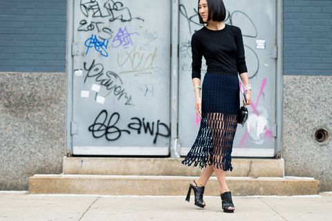 <p>A mesh overlaid midi skirt gives you the ladylike length you want, but with a dose of sex appeal. Style it with a demure crewneck for a look that transitions well from day to night. </p>