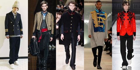 <p>          March to the beat of your own drum in a band jacket, T-shirt, and jeans. </p><p><em><em>As seen at</em> Andrea Pompilio, Balmain, Burberry, Casely-Hayford, and Alexander McQueen.</em><br></p>