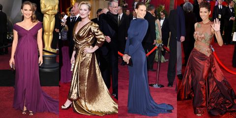 <p><em>Natalie Portman in Rodarte (2011), Meryl Streep in Lanvin (2012), Hilary Swank in Guy Laroche (2005), Halle Berry in Elie Saab (2002)</em></p><p>As we've seen, white and black dresses are popular in the Best Actress club, but another trend among winners has been jewel tones–particularly in the form of a draped dress with a train. Color, sheen, movement...what's not to love? Shout out to the MVP, Meryl Streep, for taking "dress for the award you want" to heart by literally looking like an Oscar statue.<em></em></p>
