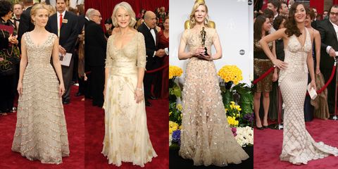 <p><em>Reese Witherspoon in Dior (2006), Helen Mirren in Christian Lacroix (2007), Cate Blanchett in Armani Privé (2014), Marion Cotillard in Jean Paul Gaultier (2008)</em></p><p>In a sea of over-the-top looks, wearing white (or white-ish) on the red carpet might be seen as playing it safe. What elevates these gowns to <em>winners'</em><span class="redactor-invisible-space"> gowns, however, are the depth-adding details: all-over embroidery on Reese, 3D embellishments on Cate, sparkly beading on Helen, and scale-like stitching on Marion. These are looks that draw the eye more to the woman than the dress―which is exactly what you want for a big moment.</span></p>