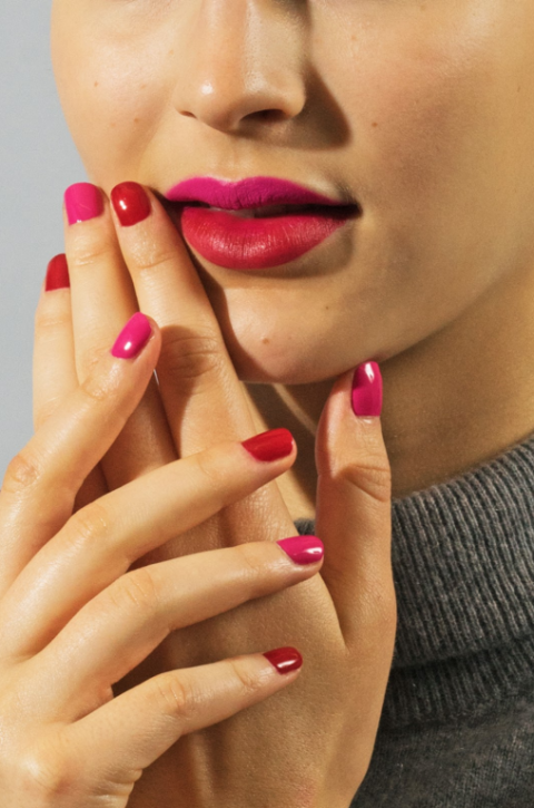 <p>"Alternating nails are a great twist on the old-school accent nail trend," explains Poole, who chose to switch between pink and red. "It's one of my favorite color combinations, and since the tones of these colors are so similar, it's a subtle way of wearing nail art." Wear the look with two slightly different lipstick colors—one on each lip—for something subtly striking.</p>
<h5>Sally Hansen Miracle Gel Nail Polish in Pink Up, $8, <a href="http://www.walmart.com/ip/37240680?wmlspartner=wlpa&adid=22222222227026183335&wl0=&wl1=g&wl2=c&wl3=42971632952&wl4=&wl5=pla&wl6=81463801352&veh=sem"><u>walmart.com</u></a>.</h5>
<h5>Sally Hansen Miracle Gel Nail Polish in Rhapsody Red, $8, <a href="http://www.target.com/p/sally-hansen-5-floz-nail-polish-multiple-colors/-/A-17195854?ci_src=17588969&ci_sku=17195854&ref=tgt_adv_XS000000&AFID=google_pla_df&CPNG=PLA_Health%2BBeauty%2BShopping&adgroup=SC_Health%2BBeauty&LID=700000001170770pgs&network=g&device=c&location=1018577&gclid=CjwKEAiA9JW2BRDxtaq2ruDg22oSJACgtTxci7jQ81ZsApu2eBo8qGMtDcX1ekcHS9_rieE8G2KEChoCBljw_wcB&gclsrc=aw.ds"><u>target.com</u></a>.</h5>