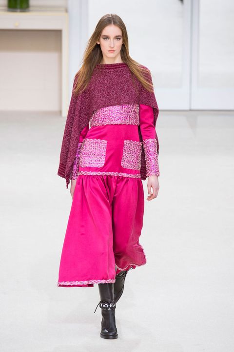 Shoulder, Fashion show, Textile, Outerwear, Magenta, Pink, Style, Fashion model, Runway, Winter, 