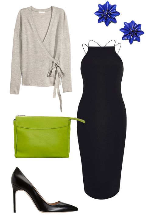 <p>A bodycon dress might not seem office appropriate, but a  wrap cardigan will fix that predicament easily. Now you can go straight from work to happy hour without having  to do a full outfit change. Stash a small clutch in your work tote so you won't have to lug around a giant bag at night.</p><p>H&M Fine-Knit Wrap-Style Cardigan, $25; <a href="http://www.hm.com/us/product/37015?article=37015-B" target="_blank">hm.com</a></p><p><a href="http://www.hm.com/us/product/37015?article=37015-B" target="_blank"></a>Mango Floral Earrings, $16; <a href="http://shop.mango.com/US/p0/women/accessories/jewellery/earrings/floral-earrings/?id=63043539_53&n=1&s=accesorios.bisuteria&ident=0__0_1457448932072&ts=1457448932072&p=23&page=2" target="_blank">mango.com</a></p><p>River Island Cami Bodycon Dress, $64; <a href="http://us.riverisland.com/women/dresses/bodycon-dresses/black-cami-bodycon-dress-684845" target="_blank">riverisland.com</a></p><p>Manolo Blahnik BB Pumps, $595; <a href="http://www.barneys.com/manolo-blahnik-bb-pumps-502462773.html#q=bb%2Bpumps&fromInstantSearch=true&start=10" target="_blank">barneys.com</a><br></p><p>The Row Two for One Pouch 10, $690; <a href="http://www.barneys.com/the-row-two-for-one-pouch-10-504436788.html#start=38" target="_blank">barneys.com</a></p>