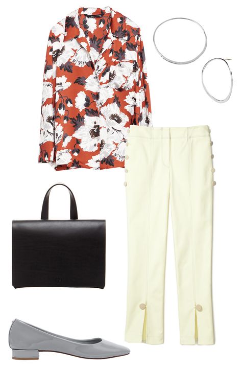 <p>Cropped slacks and a button down is a classic combo for the workplace, so take the outfit to the next level with a printed pajama shirt and detailed trousers. Simple accessories like hoop earrings and ballet flats finish off your look.</p><p>Zara Printed Pajama Style Blouse, $70; <a href="http://www.zara.com/us/en/woman/tops/florals/printed-pajama-style-blouse-c718513p3305079.html" target="_blank">zara.com</a></p><p>Robert Lee Morris 3" Forward Facing Hoop, $300; <a href="http://www.robertleemorris.com/Product/1113?dept=1047#.Vt7OQZM3jA4" target="_blank">robertleemorris.com</a></p><p>Trademark Front Slit Pant, $348; <a href="http://www.trade-mark.com/front-slit-pant.html?___store=default" target="_blank">trade-mark.com</a></p><p>Repetto Danse Ballerina, $340; <a href="http://www.repetto.com/us/danse-ballerina-dove-grey-patent-leather-v1727v-1025.html" target="_blank">repetto.com</a></p><p>Janessa Leone Grace Clutche, $230; <a href="http://janessaleone.com/collections/leather-goods/products/grace" target="_blank">janessaleone.com</a></p>