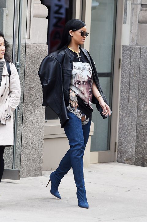 <p>Who: Rihanna</p><p>When: April 02, 2016</p><p>Why: Rihanna traipsed around town this week wearing hip-slung denim boots from her collaboration with Manolo Blahnik. If this major is-she-wearing-pants-or-nah moment isn't good enough for you, please note that Princess RiRi is also wearing a Princess Di(Di) t-shirt. </p>