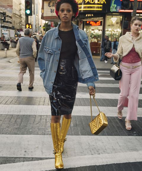 <p>Denim jacket, Saint Laurent by Hedi Slimane, $1,490, at Saint Laurent, NYC. Wool top, $1,600, patent leather skirt, price on request, both, Chanel. Wool beret, $360, leather handbag, $1,750, metallic leather boots, $1,690, all, Gucci.</p>