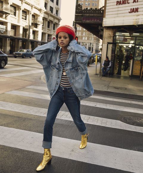 <p>Cotton denim jacket, Fear of God, $995, visit <a href="http://www.fearofgod.com/">fearofgod.com</a>. Wool sweater, M.I.H Jeans, $280. Denim jeans, 7 For All Mankind, $229. Wool beret, $360, metallic leather boots, $1,690, all, Gucci. Gold, diamond, and sapphire glass pendant, price on request, gold chain, $4,350, both, Aurelie Bidermann.</p>
