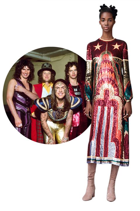 <p><strong>Slade</strong> was the biggest-selling band in England in the early '70s; their hijinks and costumes are said to have inspired everyone: the Ramones, the Sex Pistols, the Clash, Nirvana, and Kiss. For prefall, <strong>Valentino</strong>'s Maria Grazia Chiuri and Pierpaolo Piccioli showed a roxy-foxy Chrysler Building dress that will add shimmer to any "skweeze me, pleeze me" night.</p>