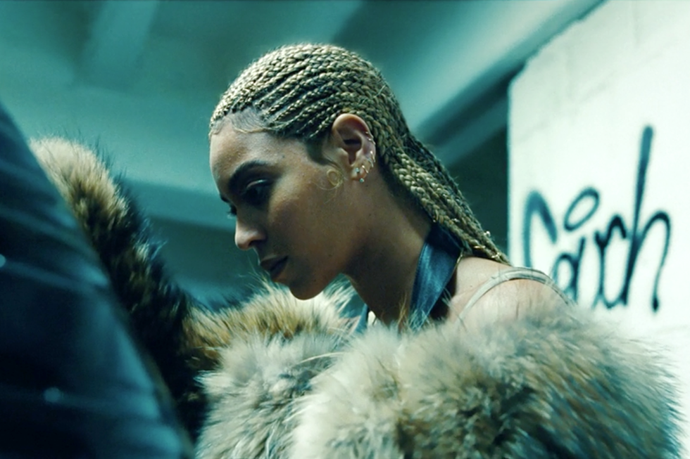<p>Lemonade opens with "Don't Hurt Yourself." Beyoncé leans against a car, her hair styled in tight cornrows. The style went with the mood of the song. "Cornrows can be tough; baby hair softens it up a lot," Kim explains. "I like finished edges. Cornrows, braids and we love baby hair."</p>