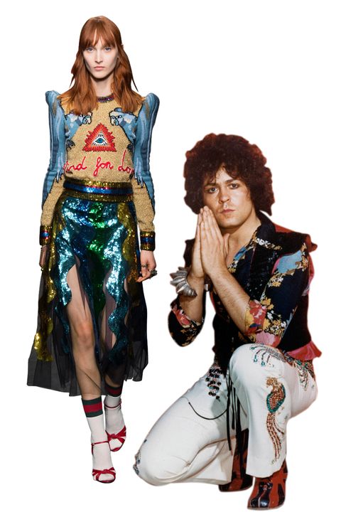 <p>The dirty-sweet hits of <strong>Marc Bolan</strong> and T.Rex influenced Mott the Hoople, the Who, and Siouxsie and the Banshees— who covered "20th Century Boy" in 1979. <strong>Gucci</strong>'s Alessandro Michele may not have been mainlining glitter rock for his fall collection, but his peak-shoulder sequin dresses would be contenders for any boogaloo girl or dude.</p>