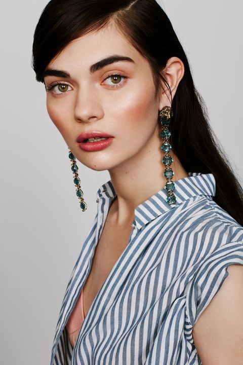 <p>It's all about balance! We love the contrast of sparkly costume jewelry with an everyday top. </p><p><br></p><p><br></p><p>Gucci earrings, for similar styles visit <a href="https://www.gucci.com/us/en/ca/women/womens-fashion-jewelry-c-women-fashion-jewelry" target="_blank">gucci.com</a>; Madewell 'Central' Stripe Cotton Shirt, $69.50, <a href="http://shop.nordstrom.com/s/boxy-side-seam-top/4304881?&cm_mmc=Mindshare_Nordstrom-_-MayCorp-_-Hearst-_-proactive" target="_blank">nordstrom.com</a></p>