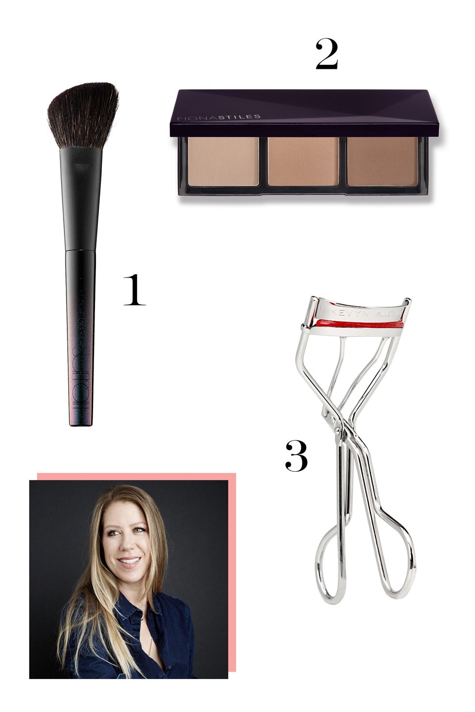 <p><strong>Who She's Worked With: </strong>Gwyneth Paltrow, Natalie Portman, Elizabeth Banks, Jennifer Garner</p><p><strong>1. </strong>"Surratt brushes are so incredible, especially the sculpting brush. They're perfectly weighted,  expertly shaped and just the right mix of soft and firm. They're always the first brush I reach for."</p><p><strong>Surratt Beauty Artisque Sculpting Brush, $90; <a href="http://bit.ly/28SIo6s" target="_blank">sephora.com</a>.</strong></p><p><br></p><p><strong>2. </strong>"I use this pretty much every time I work. The payoff is so sheer that it's totally believable and natural looking. It's a game changer for sculpting."</p><p><strong>Fiona Stiles Sheer Sculpting Palette, $28; <a href="http://bit.ly/28SVTPM" target="_blank">ulta.com</a>.</strong></p><p><br></p><p><strong>3. </strong>"I almost always curl a clients lashes and this one is the one. I always come back to. It makes a person look more awake than a venti latte."</p><p><strong>Kevyn Aucoin Eyelash Curler, $21; <a href="http://bit.ly/28SKVhc" target="_blank">nordstrom.com</a>.</strong></p>