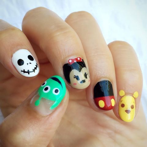 <p>Character face designs actually look better on short nails. Paint your nail with the color of the character's face—like yellow for Winnie the Pooh—then add details with a small paint brush.</p><p>Design by <a href="https://www.instagram.com/p/8Gg_LHxmO9/" target="_blank">@stephstonenails</a></p>