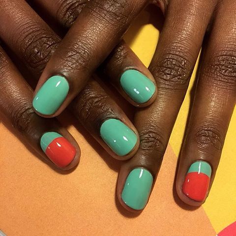<p>This minimal watermelon design used shades from Jin Soon's <a href="https://www.amazon.com/JINsoon-Painted-Collection-Lacquer-Sinopia/dp/B01AHOFHLK" target="_blank">Painted Ladies Collection.</a> Paint each finger in the green Keppel shade, but only paint your ring finger at the half moon. Fill the rest of it with the red-orange Sinopia polish. Let dry, then finish with a clear coat. </p><p>Design by <a href="https://www.instagram.com/p/BDOWMdWqRgm/" target="_blank">@jinsoon</a></p>