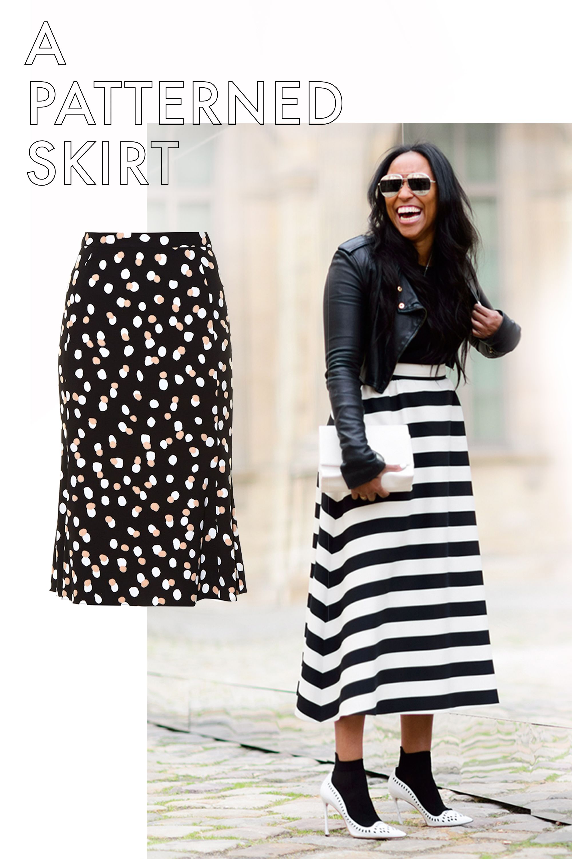 Black and white outlet patterned skirt outfit