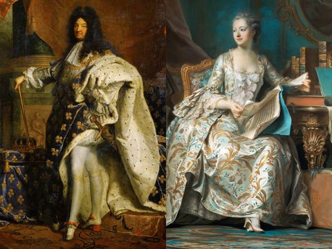 <p>Though heels today are wore almost exclusively by women, the style was popular among men throughout the 1600s and 1700s. French royalty in particular, like Louis XIV (left) and Marquise de Pompadour (right), were fans of the heeled shoe as it conveyed that the wearer had no use for practical footwear, or the need to walk easily. </p>