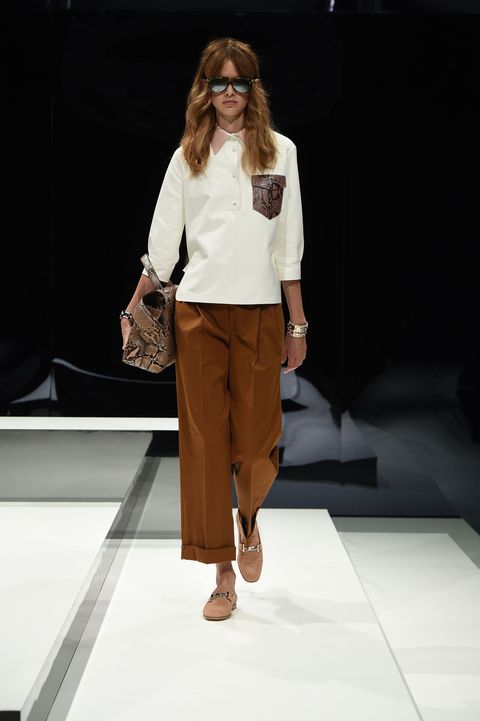 Brown, Sleeve, Shoulder, Fashion show, Outerwear, Bag, Runway, Style, Sunglasses, Fashion model, 
