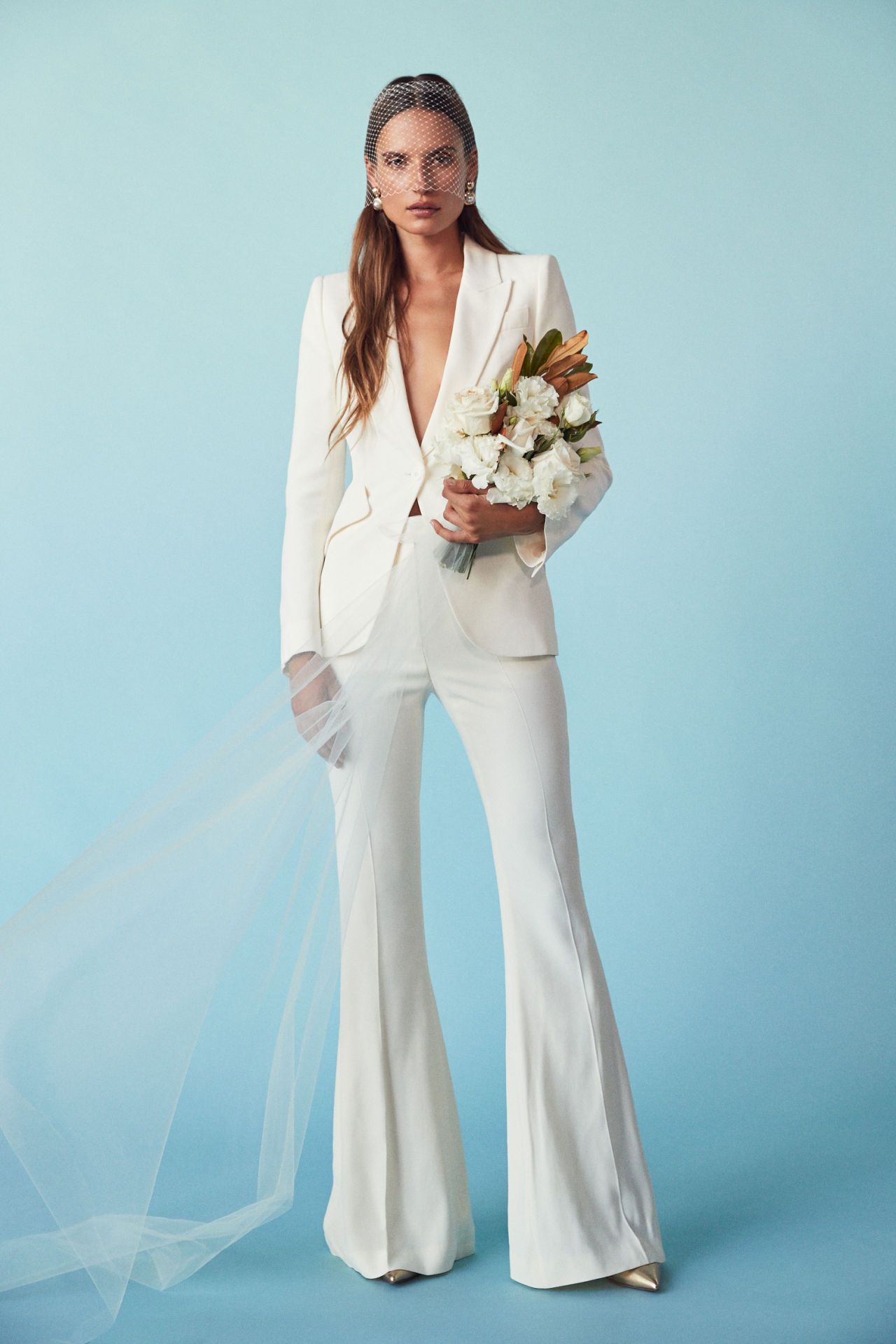 white silk pant suit