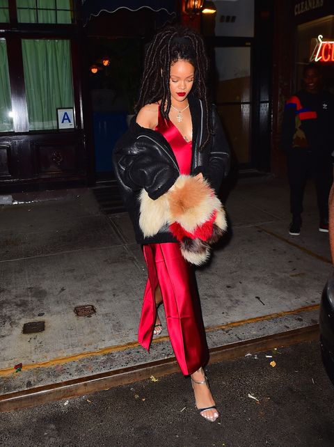 <p>Who: Rihanna</p><p>When: October 6, 2016</p><p>Why: Rihanna will forever be&nbsp;our main source of fashion inspiration. She went full luxe in a slinky red dress by&nbsp;Are You Am I, a shrugged leather jacket, and a&nbsp;fur stole for a night out in Manhattan.&nbsp;</p>