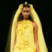 Yellow, Textile, Dress, Formal wear, Gown, Costume design, Beauty, Fashion, Youth, Fashion model, 