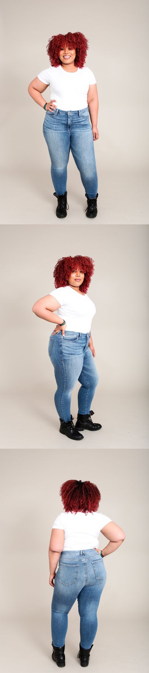 Hair, Jeans, Blue, White, Clothing, Denim, Shoulder, Standing, Hairstyle, Red hair, 