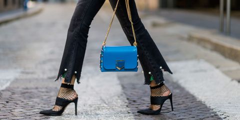 Footwear, Blue, Brown, Textile, Bag, Joint, High heels, Outerwear, Fashion accessory, Style, 