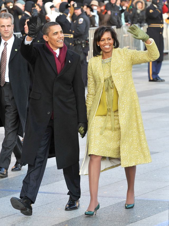When: January 20, 2009

 Where: The Inaugural Parade in Washington, DC



 Wearing: Isabel Toledo dress and coat, Nina Ricci cardigan, Jimmy Choo heels, and J. Crew leather gloves



 Why it mattered: For Inauguration Day, Michelle chose a lemongrass ensemble designed by Isabel Toledo. The color is unusual but uplifting—again keeping in line with the message of her husband's campaign. Also significant was the designer, Cuban-born Toledo whose name, though beloved by fashion insiders, is far from a household one. "First ladies traditionally stick to one designer, but Mrs. Obama made a point of wearing clothes from a wide range of young, multi-cultural designers which sent a message of inclusiveness and great support for the fashion industry," notes Betts.