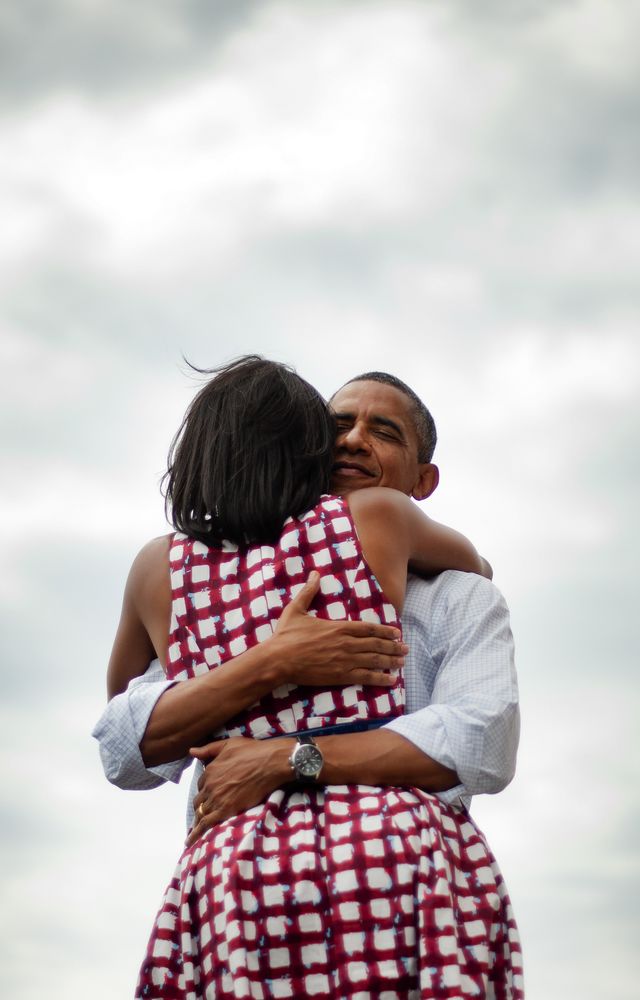 When: August 15, 2012

 Where: At a campaign event at the Alliant Energy Amphitheater in Dubuque, Iowa 



 Wearing: Talbots dress



 Why it mattered: This image of Michelle and Barack hugging in Iowa during his second campaign will no doubt be remembered as one of the most iconic during their time in the White House. For the occasion, Michelle chose an affordable dress from ASOS with a sweetly retro silhouette—which was trending at the time. "That dress spoke to the occasion," says Givhan. "It was not the place for a $3000 day dress. And I think that it was certainly an indication that not only does she know herself but she also is sensitive to her audience and is trying to speak to her audience and meet her audience where they are."