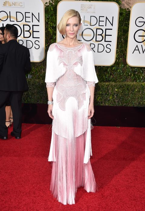 <p>Cutouts and cascading fringe made Cate Blanchett's Givenchy gown at the Golden Globes one to remember.</p>