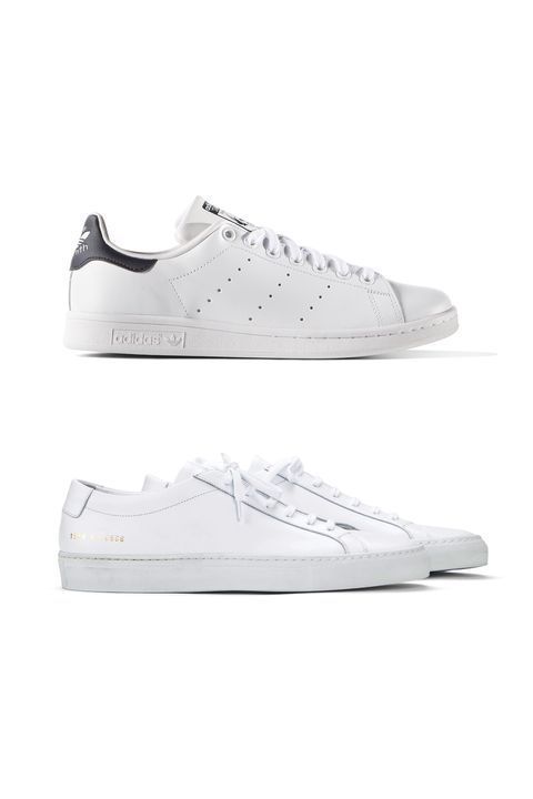 <p><em data-redactor-tag="em" data-verified="redactor">Leather sneakers, Common Projects&nbsp;$411, collection at mrporter.com. Leather sneaker, Adidas Originals, $75, visit adidas.com<span class="redactor-invisible-space" data-verified="redactor" data-redactor-tag="span" data-redactor-class="redactor-invisible-space"></span>.</em></p>