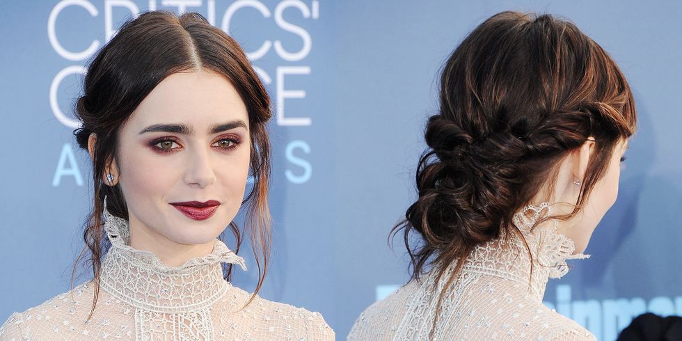 <p>Lily Collins' hairstyle&nbsp;combines a sleek middle part with&nbsp;a messy low bun. After parting your hair in the middle and curling the bottom half of your hair,&nbsp;twist both sides back and twirl random sections&nbsp;into a bun, securing where necessary. Leave a few stray pieces at the front to frame your face.&nbsp;</p>