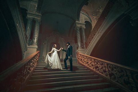Dress, Darkness, Stairs, Gown, Wedding dress, Marriage, Bride, Bridal clothing, Love, Cg artwork, 