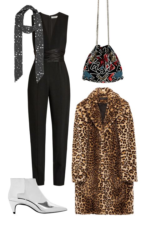 <p>If your date night involves a red velvet rope and a to-die-for DJ, shimmy your way into his heart in eye-catching outerwear atop your favorite LBJ—little black jumpsuit.
</p><p><em data-redactor-tag="em" data-verified="redactor">Kate Moss for Equipment Bria Printed Washed-Silk Scarf, $80, <a href="https://www.net-a-porter.com/us/en/product/809057/kate_moss_for_equipment/bria-printed-washed-silk-scarf" target="_blank" data-tracking-id="recirc-text-link">netaporter.com</a>; A.L.C. Beni Ruched-Waist Crepe Jumpsuit, $695, <a href="http://www.matchesfashion.com/us/products/A-L-C--Beni-ruched-waist-crepe-jumpsuit--1080425" target="_blank" data-tracking-id="recirc-text-link">matchesfashion.com</a>; Zara Evening Bucket Bag, $70, <a href="http://www.zara.com/us/en/woman/bags/view-all/evening-bucket-bag-c734144p3926019.html" target="_blank" data-tracking-id="recirc-text-link">zara.com</a>; Zara Faux Fur Leopard Coat, $169, <a href="http://www.zara.com/us/en/woman/outerwear/view-all/faux-fur-leopard-coat-c733882p3978516.html" target="_blank" data-tracking-id="recirc-text-link">zara.com</a>; Zara Laminated Mid Heel Ankle Boots, $70, <a href="http://www.zara.com/us/en/woman/evening/laminated-mid-heel-ankle-boots-c661506p4065360.html" target="_blank" data-tracking-id="recirc-text-link">zara.com</a></em></p>