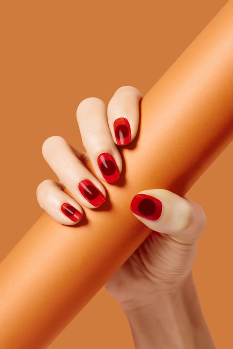Finger, Skin, Nail, Nail care, Red, Manicure, Nail polish, Amber, Orange, Thumb, 