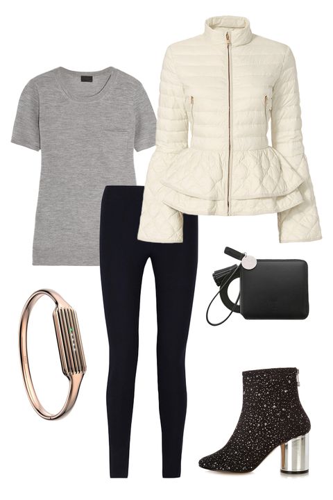 <p>We've all had those days: tons of errands to run followed by big plans for fun later and&nbsp;no time to change in between. Find the balance between comfy and cool by pairing black leggings with a super soft t-shirt and a statement-making (and waist-whittling) puffer jacket. Sleek accessories—like embellished mid-heel booties, a rose gold Fitbit bracelet, and a miniature wristlet purse—dress everything up just enough without looking too precious.
</p><p><em data-redactor-tag="em" data-verified="redactor">J. Crew Cashmere T-Shirt, $90, <a href="https://www.net-a-porter.com/us/en/product/665004" target="_blank" data-tracking-id="recirc-text-link">net-a-porter.com</a>; Helmut Lang Stretch-Twill Leggings, $119, <a href="https://www.theoutnet.com/en-US/Shop/Product/Helmut-Lang/Stretch-twill-leggings/766860" target="_blank" data-tracking-id="recirc-text-link">theoutnet.com</a>; Elizabeth Roberts Anne Puffer, $695, <a href="https://www.intermixonline.com/product/elizabeth+roberts+anne+puffer.do?sortby=ourPicks&amp;from=Search&amp;" target="_blank" data-tracking-id="recirc-text-link">intermixonline.com</a>; Joseph &amp; Stacey Oz Round Zip Wallet Slim, $118, <a href="http://us.wconcept.com/oz-round-zip-wallet-slim-mirror-charm-modern-black-23867.html?source=awin&amp;awc=6016_1485480828_bf2723a0505fbce763091299d994f3f7&amp;utm_source=aw&amp;utm_medium=affiliate&amp;utm_campaign=Shopstyle%20US" target="_blank" data-tracking-id="recirc-text-link">wconcept.com</a>; Maison Margiela Glitter-Embellished Ankle Boots, $630, <a href="http://www.matchesfashion.com/us/products/1078867" target="_blank" data-tracking-id="recirc-text-link">matchesfashion.com</a>;&nbsp;Fitbit Flex 2 and 22K Rose Gold Plated Bangle Accessory, $100 each, <a href="https://www.fitbit.com/shop/accessories/flex2-bangle" target="_blank" data-tracking-id="recirc-text-link">fitbit.com</a></em><br></p>