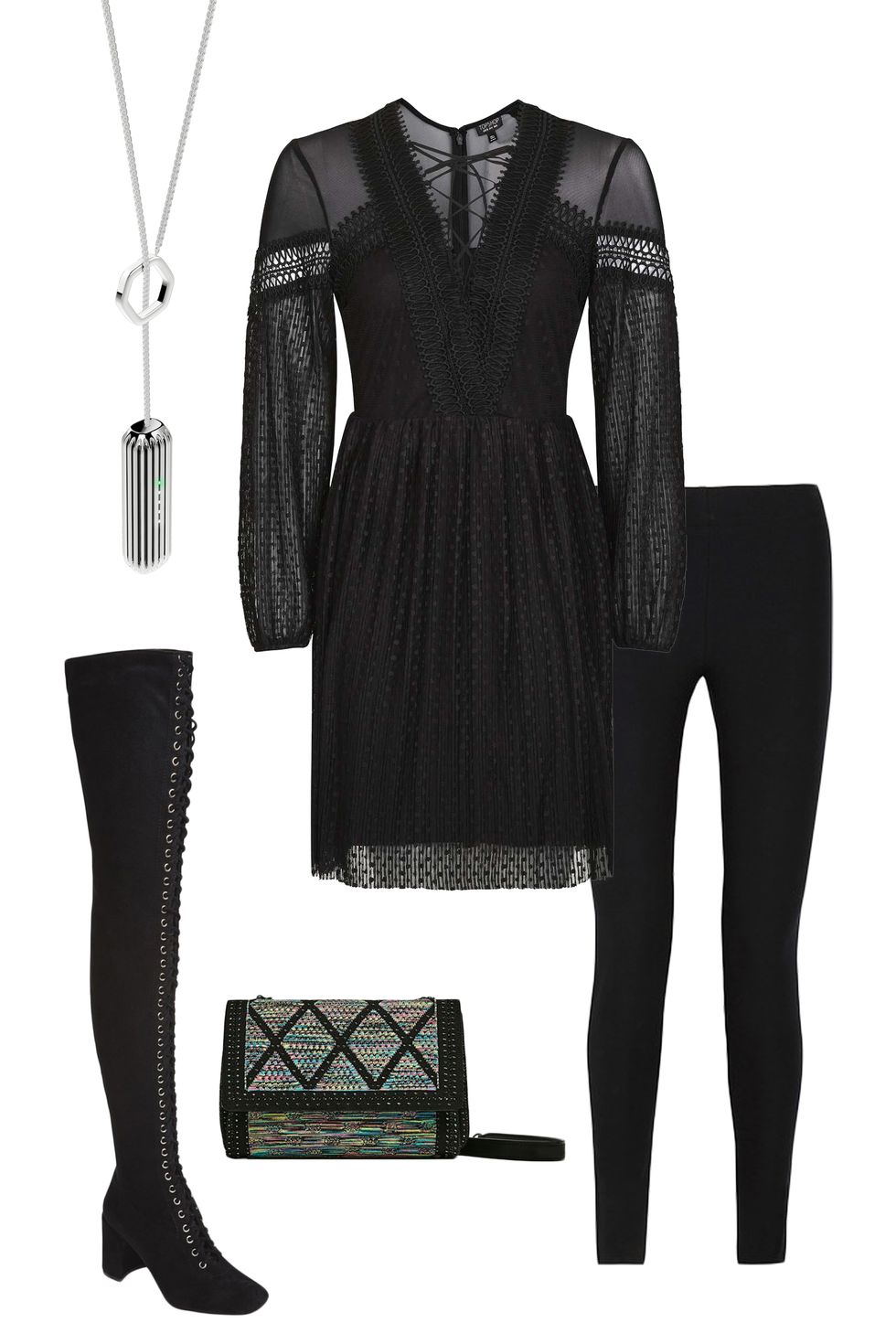 <p>All-black is always chic&nbsp;and ultra flattering. Treat leggings like tights and layer them under a sheer peasant dress. To up the bohemian appeal, pull on thigh-high boots and finish with eye-catching accessories like a patterned clutch and gleaming silver Fitbit lariat.</p><p><em data-redactor-tag="em" data-verified="redactor">Fitbit Flex 2, $100&nbsp;and Stainless Steel Pendant Accessory, $80, <a href="https://www.fitbit.com/shop/accessories/flex2-pendant" target="_blank" data-tracking-id="recirc-text-link">fitbit.com</a>; TopShop Spot Pleated Skater Dress, $85, <a href="http://us.topshop.com/webapp/wcs/stores/servlet/ProductDisplay?searchTermScope=3&amp;searchType=ALL&amp;viewAllFlag=false&amp;CE3_ENDECA_PRODUCT_ROLLUP_ENABLED=N&amp;catalogId=33060&amp;productOnlyCount=1&amp;sort_field=Relevance&amp;storeId=13052&amp;qubitRefinements=siteId%3DTopShopUS&amp;langId=-1&amp;beginIndex=1&amp;productId=26940940&amp;pageSize=20&amp;defaultGridLayout=3&amp;searchTerm=TS10E01LBLK&amp;productIdentifierproduct=product&amp;DM_PersistentCookieCreated=true&amp;searchTermOperator=LIKE&amp;x=25&amp;geoip=search&amp;y=11" target="_blank" data-tracking-id="recirc-text-link">topshop.com</a>;&nbsp;Helmut Lang Stretch-Twill Leggings, $119,&nbsp;<a href="https://www.theoutnet.com/en-US/Shop/Product/Helmut-Lang/Stretch-twill-leggings/766860" target="_blank" data-tracking-id="recirc-text-link">theoutnet.com</a><span class="redactor-invisible-space" data-verified="redactor" data-redactor-tag="span" data-redactor-class="redactor-invisible-space"></span>; Zara Contrast Fabric Crossbody Bag, $50,&nbsp;<a href="http://www.zara.com/us/en/woman/bags/view-all/contrast-fabric-crossbody-bag-c819022p4065559.html" target="_blank" data-tracking-id="recirc-text-link">zara.com</a>; Free People&nbsp;Laila Thigh High Boot, $228, </em><a href="https://www.freepeople.com/shop/laila-thigh-high-boot/?color=001&amp;cm_mmc=CA_PLAUS-_-Google+PLA-_-PLA-_-39070255&amp;source=PLA&amp;CAWELAID=120120800000651414&amp;source=PLA&amp;catargetid=120120800000335973&amp;cadevice=c&amp;gclid=CODv88-K4dECFcyLswodMbgH-Q" target="_blank" data-tracking-id="recirc-text-link"><em data-redactor-tag="em" data-verified="redactor">freepeople.com</em></a></p>