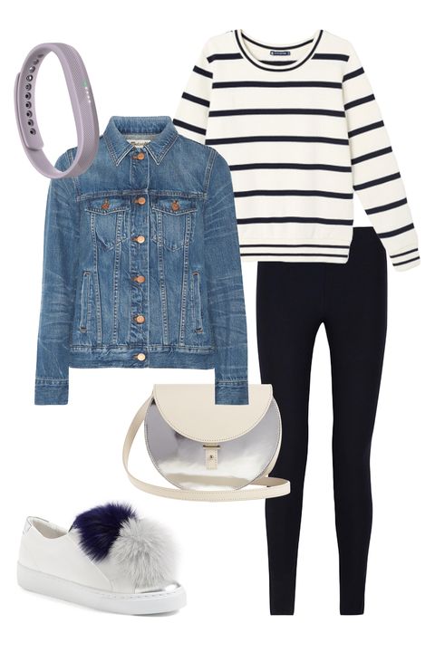 <p>Weekends call for easy-wearing classics, but classics needn't be boring. A striped breton top and denim jacket go from brunch to Barneys easily, while pompom embellished sneakers, a metallic cross body bag, and a sweetly-hued lavender Fitbit add a hit of futuristic, sports-inspired cool.
</p><p><em data-redactor-tag="em" data-verified="redactor">Fitbit Flex 2, $100, <a href="https://www.fitbit.com/shop/flex2" target="_blank" data-tracking-id="recirc-text-link">fitbit.com</a>; Madwell Classic Jean Denim Jacket, $120, <a href="https://www.net-a-porter.com/us/en/product/783192/madewell/classic-jean-denim-jacket" target="_blank" data-tracking-id="recirc-text-link">net-a-porter.com</a>; Petit Bateau Women's Striped Sweatshirt, $55, <a href="http://www.petit-bateau.us/womens-striped-sweatshirt/d/10217" target="_blank" data-tracking-id="recirc-text-link">petit-bateau.com</a>; Helmut Lang Stretch-Twill Leggings, $119, <a href="https://www.theoutnet.com/en-US/Shop/Product/Helmut-Lang/Stretch-twill-leggings/766860" target="_blank" data-tracking-id="recirc-text-link">theoutnet.com</a>; PB 0110 AB21 Leather Cross-Body Bag, $600, <a href="http://www.matchesfashion.com/us/products/1078610?qxjkl=tsid:38929%7Ccgn:J84DHJLQkR4&amp;c3ch" target="_blank" data-tracking-id="recirc-text-link">matchesfashion.com</a>; Here/Now Arian Genuine Fox Fur Trim Sneaker, $240, </em><a href="http://shop.nordstrom.com/s/here-now-arian-genuine-fox-fur-trim-sneaker-women/4543503?cm_mmc=Linkshare-_-partner-_-10-_-1&amp;siteId=J84DHJLQkR4-ypTTYZxvORYkt7RhrNiXYg" target="_blank" data-tracking-id="recirc-text-link"><em data-redactor-tag="em" data-verified="redactor">nordstrom.com</em></a></p>