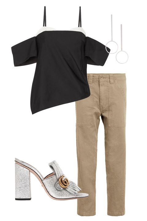 <p>Don't let the color fool you—khaki pants can be just as chic as traditional black&nbsp;once the sun goes down.&nbsp;Just add a metallic shoe, bold earrings, and a standout top.</p><p><span class="redactor-invisible-space" data-verified="redactor" data-redactor-tag="span" data-redactor-class="redactor-invisible-space"></span></p><p><span class="redactor-invisible-space" data-verified="redactor" data-redactor-tag="span" data-redactor-class="redactor-invisible-space"><em data-redactor-tag="em"><em data-redactor-tag="em">Vince military pants, $245,&nbsp;<a href="http://shop.nordstrom.com/s/vince-military-pants/4549120?origin=keywordsearch-personalizedsort&amp;fashioncolor=OLIVE" target="_blank" data-tracking-id="recirc-text-link">nordstrom.com</a>; Tibi top, $395, <a href="http://shop.nordstrom.com/s/tibi-stretch-faille-contrast-off-the-shoulder-corset-top/4498015?origin=coordinating-4498015-0-2-ZERO-Rich_Relevance_Recs_API-SolrSearchToView&amp;recs_type=coordinating&amp;recs_productId=4498015&amp;recs_categoryId=0&amp;recs_productOrder=2&amp;recs_placementId=ZERO&amp;recs_strategy=SolrSearchToView&amp;recs_source=Rich_Relevance_Recs_API&amp;recs_referringPageType=search_page&amp;recs_turl=a%3D469cc5818c1eb6ac%26cak%3D3c86c35d5f315680%26vg%3D2a58bc60-aff9-4865-8291-295690cf46e7%26stid%3D98%26pti%3D2%26pa%3D2040%26pos%3D1%26p%3D5274750%26channelId%3D3c86c35d5f315680%26s%3D0bcd9d3d-3db3-4135-98c9-7dca108e6639%26u%3D31f554a48b1343d7bf76e76d21e9f143" target="_blank" data-tracking-id="recirc-text-link">nordstrom.com</a>; Gucci shoes, $795, <a href="https://www.gucci.com/us/en/pr/women/womens-shoes/womens-slides-mules/metallic-leather-mid-heel-slide-p-453495DKT008106?position=16&amp;listName=ProductGridComponent&amp;categoryPath=Women/Womens-Shoes/Womens-Slides-Mules" target="_blank" data-tracking-id="recirc-text-link">gucci.com</a>; Jenny Bird earrings, $65, <a href="http://shop.nordstrom.com/s/jenny-bird-edie-hoop-earrings/4532663?origin=keywordsearch-personalizedsort&amp;fashioncolor=SILVER" target="_blank" data-tracking-id="recirc-text-link">nordstrom.com</a></em></em><br></span></p>