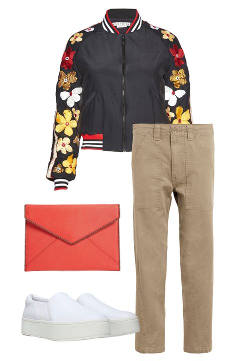 <p>
Keep your khakis cool with a sporty bomber jacket and a hip little clutch. Opt for slip-on sneakers that veer&nbsp;sleek rather than gym-ready.</p><p><span class="redactor-invisible-space" data-verified="redactor" data-redactor-tag="span" data-redactor-class="redactor-invisible-space"></span></p><p><span class="redactor-invisible-space" data-verified="redactor" data-redactor-tag="span" data-redactor-class="redactor-invisible-space"><em data-redactor-tag="em"><em data-redactor-tag="em">Vince military pants, $245,&nbsp;<a href="http://shop.nordstrom.com/s/vince-military-pants/4549120?origin=keywordsearch-personalizedsort&amp;fashioncolor=OLIVE" target="_blank" data-tracking-id="recirc-text-link">nordstrom.com</a>; Alice + Olivia jacket, $595, <a href="http://shop.nordstrom.com/s/alice-olivia-tony-silk-bomber-jacket/4536211?origin=keywordsearch-personalizedsort&amp;fashioncolor=BLACK%20MULTI" target="_blank" data-tracking-id="recirc-text-link">nordstrom.com</a>; Vince sneakers, $225, <a href="http://shop.nordstrom.com/s/vince-warren-slip-on-sneaker-women/4421543?origin=keywordsearch-personalizedsort&amp;fashioncolor=PLASTER%20LEATHER" target="_blank" data-tracking-id="recirc-text-link">nordstrom.com</a>; Rebecca Minkoff clutch, $95, <a href="http://shop.nordstrom.com/s/rebecca-minkoff-leo-envelope-clutch/3853690?origin=keywordsearch-personalizedsort&amp;fashioncolor=BLOOD%20ORANGE%2F%20GUNMETAL" target="_blank" data-tracking-id="recirc-text-link">nordstrom.com</a></em></em><br></span></p>