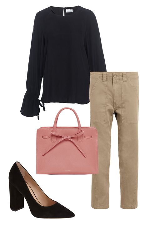 <p>Beige pants stand in for trousers&nbsp;when paired with suede, pointy-toe pumps and a ladylike bag. Look for a blouse with floaty, gathered&nbsp;sleeves&nbsp;for&nbsp;femininity that tempers the khaki's tomboy feel.&nbsp;</p><p><span class="redactor-invisible-space" data-verified="redactor" data-redactor-tag="span" data-redactor-class="redactor-invisible-space"></span>
</p><p><em data-redactor-tag="em"><em data-redactor-tag="em">Vince military pants, $245,&nbsp;<a href="http://shop.nordstrom.com/s/vince-military-pants/4549120?origin=keywordsearch-personalizedsort&amp;fashioncolor=OLIVE" target="_blank" data-tracking-id="recirc-text-link">nordstrom.com</a>; Frame top, $275, <a href="http://shop.nordstrom.com/s/frame-voluminous-cuff-silk-blouse/4530252?cm_mmc=google-_-productads-_-Women%3ATops%3ABlouse_Top-_-5298629&amp;rkg_id=h-dccc2083af217d7d0da6b22bd3049d51_t-1486493402&amp;adpos=1o2&amp;creative=145518898720&amp;device=c&amp;network=g&amp;gclid=CNiD6LnT_tECFdeLswoduFsIvw" target="_blank" data-tracking-id="recirc-text-link">nordstrom.com</a>; Pour la Victoire pumps, $274.95, <a href="http://shop.nordstrom.com/s/pour-la-victoire-celina-pointy-toe-pump-women/4253965?origin=keywordsearch-personalizedsort&amp;fashioncolor=BLACK%20SUEDE" target="_blank" data-tracking-id="recirc-text-link">nordstrom.com</a>; Mansur Gavriel bag, $1,095, <a href="https://www.mansurgavriel.com/products/mini-sun-bag-tumble/blush" target="_blank" data-tracking-id="recirc-text-link">mansurgavriel.com</a></em></em><br></p>