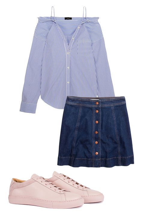 <p>
A striped button-down feels playful when worn off-the-shoulder, and colorful sneakers look chic while&nbsp;keeping you comfortable during a busy day. &nbsp;</p><p><span class="redactor-invisible-space" data-verified="redactor" data-redactor-tag="span" data-redactor-class="redactor-invisible-space"></span></p><p><span class="redactor-invisible-space" data-verified="redactor" data-redactor-tag="span" data-redactor-class="redactor-invisible-space"><em data-redactor-tag="em" data-verified="redactor"><em data-redactor-tag="em"></em><em data-redactor-tag="em">Madewell skirt, $88,&nbsp;</em><em data-redactor-tag="em"><a href="http://shop.nordstrom.com/s/madewell-metropolis-snap-denim-miniskirt-jemma-wash/4521762?origin=keywordsearch-personalizedsort&amp;fashioncolor=JEMMA%20WASH" target="_blank" data-tracking-id="recirc-text-link">nordstrom.com</a></em><em data-redactor-tag="em">; Theory top, $265, <a href="http://shop.nordstrom.com/s/theory-tamalee-off-the-shoulder-shirt/4483929?origin=keywordsearch-personalizedsort&amp;fashioncolor=BLUE%2F%20WHITE" target="_blank" data-tracking-id="recirc-text-link">nordstrom.com</a>; Koio Collective sneakers, $248, <a href="http://www.koiocollective.com/collections/collection-women/products/capri-fiore-women?size=6" target="_blank" data-tracking-id="recirc-text-link">koiocollective.com</a></em></em><br></span></p>