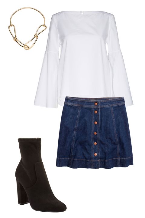 <p>Elevate a denim skirt for evening with&nbsp;another of the season's standout pieces: the sculptural white shirt. A statement necklace adds the requisite polish for a&nbsp;night out.</p><p><span class="redactor-invisible-space" data-verified="redactor" data-redactor-tag="span" data-redactor-class="redactor-invisible-space"></span></p><p><span class="redactor-invisible-space" data-verified="redactor" data-redactor-tag="span" data-redactor-class="redactor-invisible-space"><em data-redactor-tag="em" data-verified="redactor"><em data-redactor-tag="em">Madewell skirt, $88,&nbsp;</em><em data-redactor-tag="em"><a href="http://shop.nordstrom.com/s/madewell-metropolis-snap-denim-miniskirt-jemma-wash/4521762?origin=keywordsearch-personalizedsort&amp;fashioncolor=JEMMA%20WASH" target="_blank" data-tracking-id="recirc-text-link">nordstrom.com</a></em>; Alice + Olivia top, $225, <a href="http://shop.nordstrom.com/s/alice-olivia-shirley-bell-sleeve-top/4543346?origin=category-personalizedsort&amp;fashioncolor=WHITE%27" target="_blank" data-tracking-id="recirc-text-link">nordstrom.com</a>; Annelise Michelson necklace, $420, <a href="http://www.quietstorms.com/product/wire_neckpiece" target="_blank" data-tracking-id="recirc-text-link">quietstorms.com</a>; Treasure &amp;&nbsp;Bond boots, $120, <a href="http://shop.nordstrom.com/s/treasurebond-harlan-studded-chelsea-boot-women/4401949?origin=keywordsearch-personalizedsort&amp;fashioncolor=BLACK%20LEATHER" target="_blank" data-tracking-id="recirc-text-link">nordstrom.com</a></em></span></p>