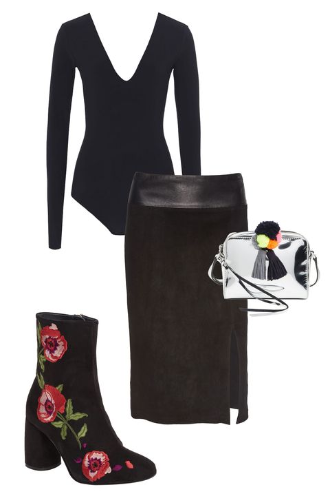 <p>
A&nbsp;patterned&nbsp;boot elevates an all-black look. On top, a bodysuit is a polished alternative to a chunky sweater. (Work in a conservative office? Add a blazer as needed.)</p><p><span class="redactor-invisible-space" data-verified="redactor" data-redactor-tag="span" data-redactor-class="redactor-invisible-space"></span></p><p><span class="redactor-invisible-space" data-verified="redactor" data-redactor-tag="span" data-redactor-class="redactor-invisible-space"><em data-redactor-tag="em"><em data-redactor-tag="em"><em data-redactor-tag="em">Topshop boots, $170,&nbsp;<a href="http://shop.nordstrom.com/s/topshop-madam-embroidered-bootie-women/4567862?origin=category-personalizedsort&amp;fashioncolor=BLACK" target="_blank" data-tracking-id="recirc-text-link">nordstrom.com</a></em><span class="redactor-invisible-space" data-verified="redactor" data-redactor-tag="span" data-redactor-class="redactor-invisible-space"></span><a href="http://shop.nordstrom.com/s/steve-madden-edit-embroidered-star-bootie-women/4536514?origin=category-personalizedsort&amp;fashioncolor=BLACK%20FABRIC" target="_blank" data-tracking-id="recirc-text-link"></a>; Alice + Olivia bodysuit, $198, <a href="http://shop.nordstrom.com/s/alice-olivia-miley-deep-v-neck-bodysuit/4496713?origin=keywordsearch-personalizedsort&amp;fashioncolor=BLACK" target="_blank" data-tracking-id="recirc-text-link">nordstrom.com</a>; Alice +&nbsp;Olivia suede skirt, $898, <a href="http://shop.nordstrom.com/s/alice-olivia-tani-suede-pencil-skirt/4452329?origin=keywordsearch-personalizedsort&amp;fashioncolor=BLACK" target="_blank" data-tracking-id="recirc-text-link">nordstrom.com</a>; Rebecca Minkoff bag, $195, <a href="http://shop.nordstrom.com/s/rebecca-minkoff-mini-sofia-crossbody-bag/4483627?origin=keywordsearch-personalizedsort&amp;fashioncolor=SILVER" target="_blank" data-tracking-id="recirc-text-link">nordstrom.com</a></em></em><br></span></p>