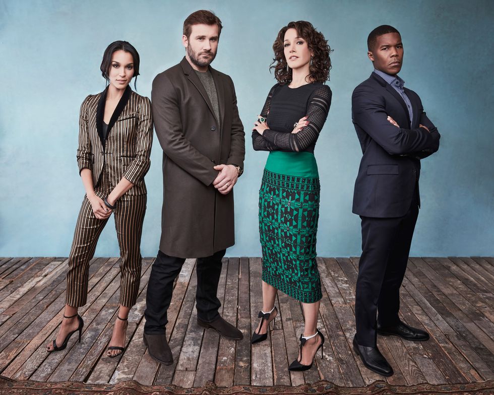 L-R: Brooklyn Sudano, Clive Standen, Jennifer Beals, and Gaius Charles, of 'Taken'