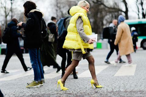 Street fashion, Yellow, Photograph, White, People, Fashion, Snapshot, Fur, Street, Footwear, 