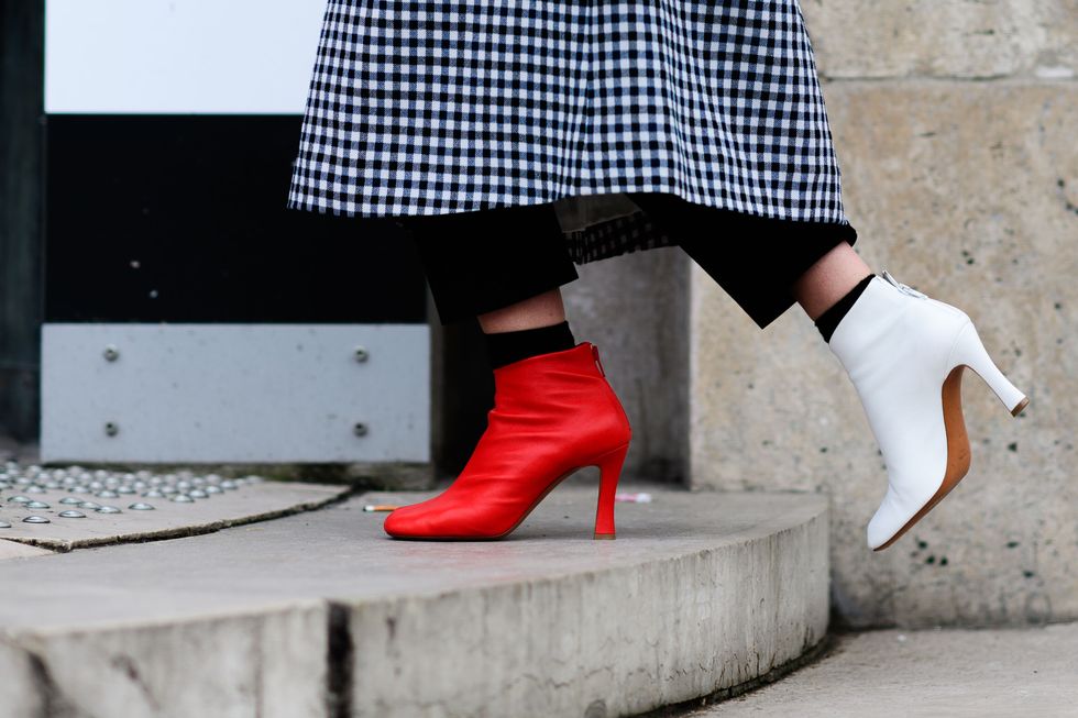 Footwear, Red, White, Street fashion, Shoe, Ankle, Leg, Human leg, Joint, Tartan, 