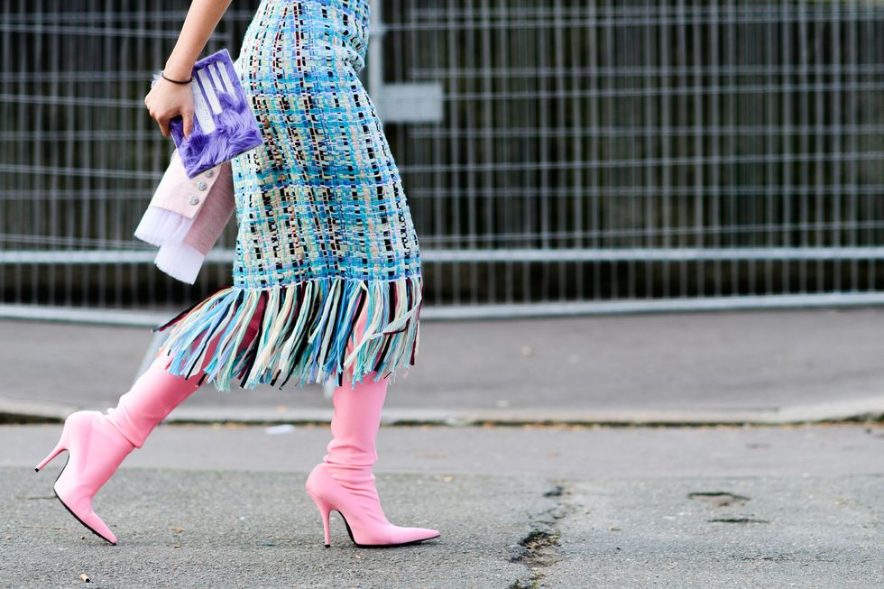 Pink, Street fashion, Clothing, Blue, Fashion, Turquoise, Footwear, Beauty, Snapshot, Dress, 