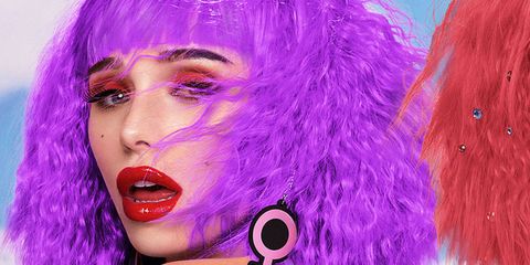 Face, Hair, Purple, Violet, Pink, Lip, Beauty, Magenta, Nose, Mouth, 