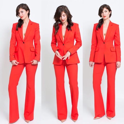 Clothing, Suit, Formal wear, Red, Pantsuit, Outerwear, Blazer, Button, Jacket, Trousers, 